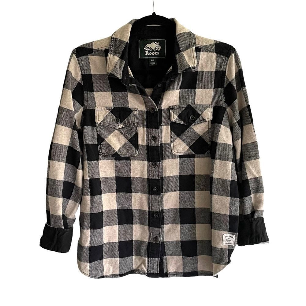 ROOTS Canada Park Plaid Flannel Buffalo Check Button Down Shirt Elbow Patches M